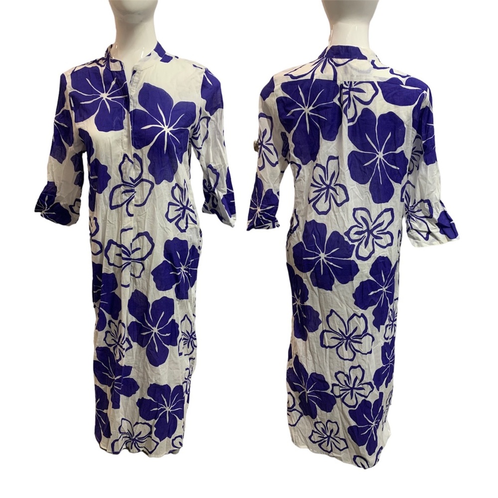 Light weight blue purple Hawaiian full length dress 3/4 sleeve 100% cotton nwt